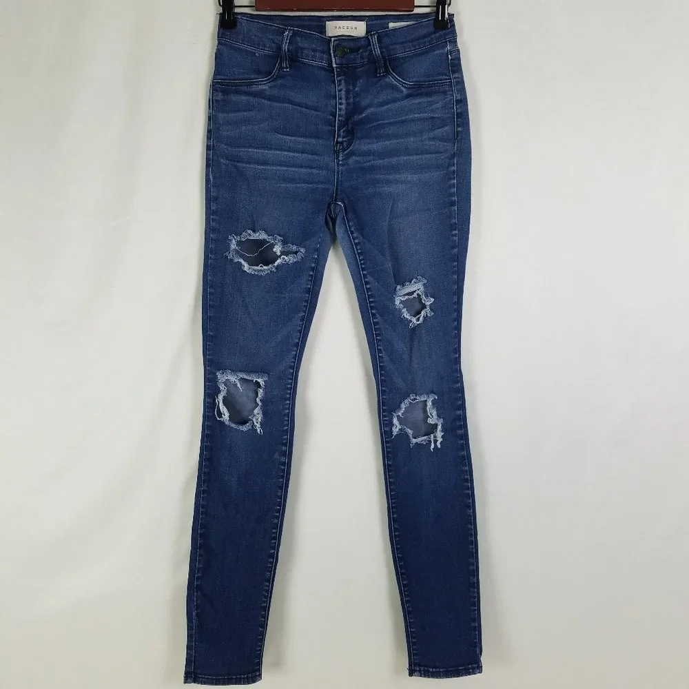 Pacsun Jeans Womens 26 Long Mid Rise Blue Denim Jegging Destroyed Medium Wash‎